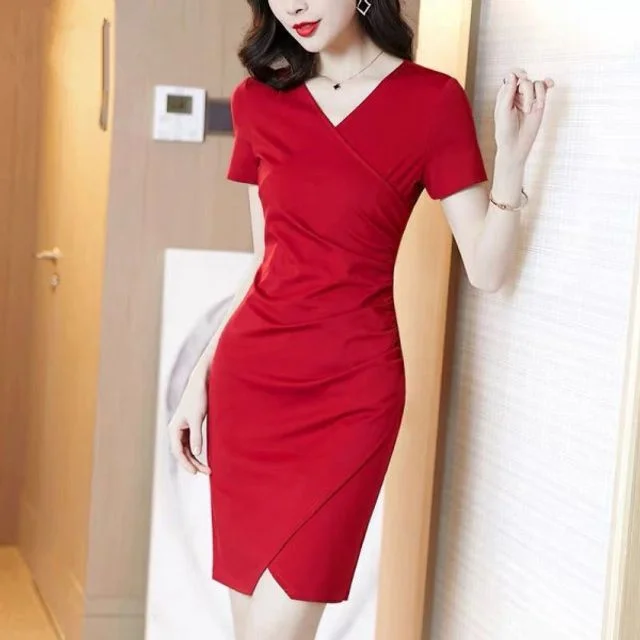 Bodycon Dress Mini Plain V-Neck Short-Sleeve Wrap