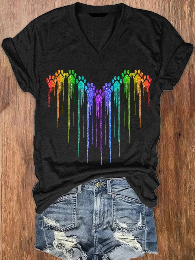 Women's Colorful Heart Dog Paw Print T-Shirt