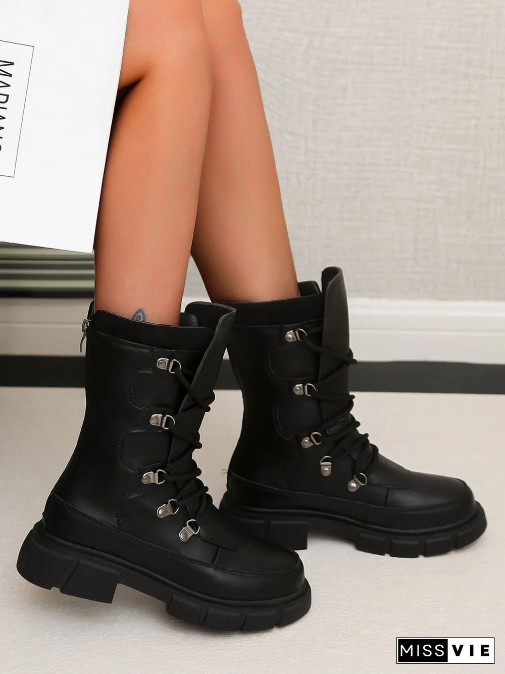 Vintage Contrast Lace-Up Tall Chunky Heel Outdoor Boots