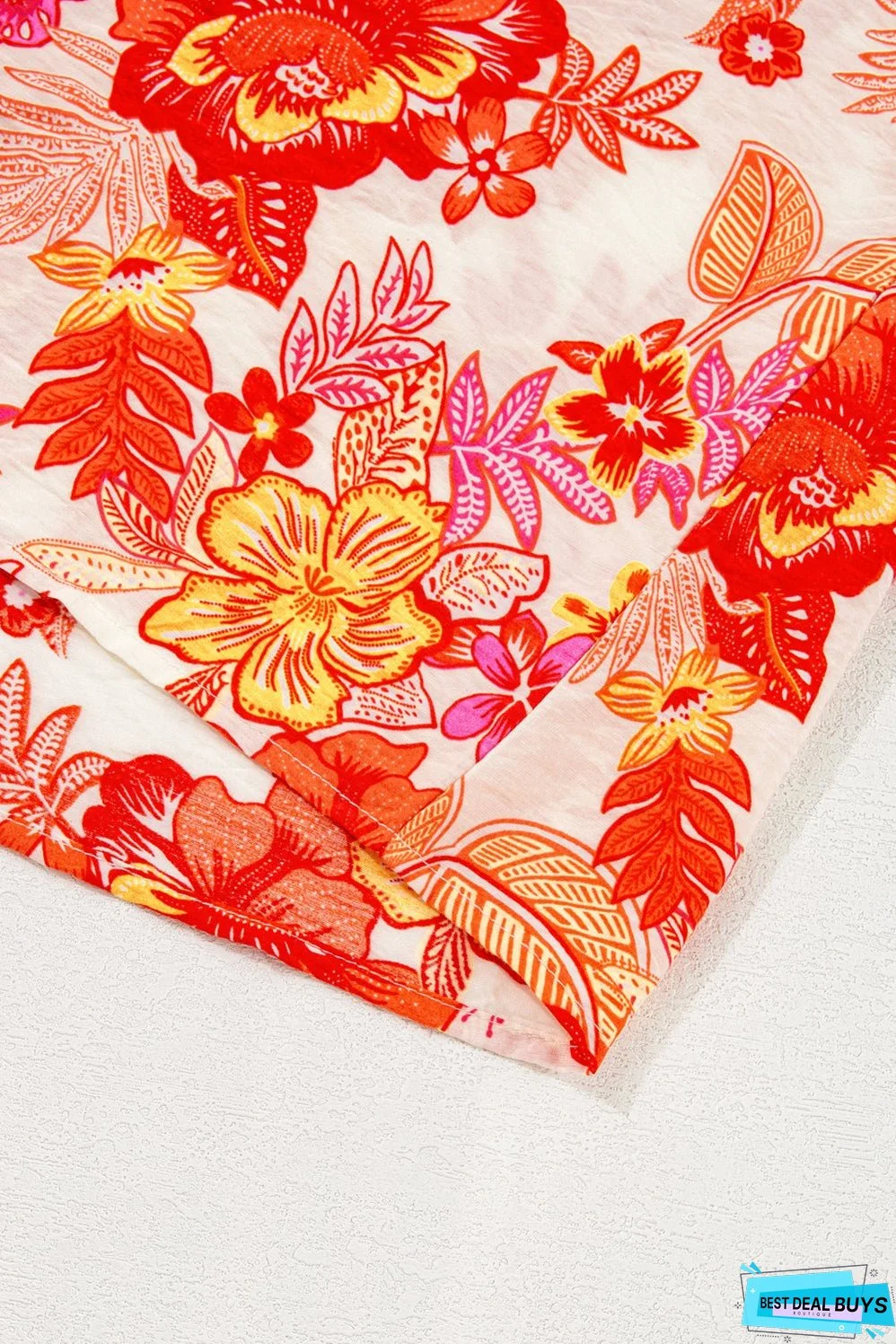 Orange Floral Print Pearl Button Keyhole Long Puff Sleeve Blouse