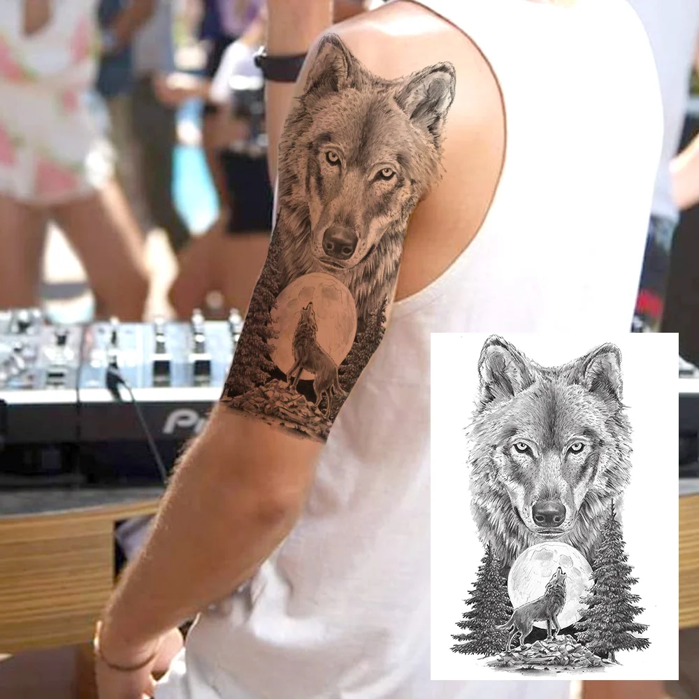 Sdrawing Military Wolf Temporary Tattoos Sleeve For Men Adult Fake 3D Lion Skull Tatoos Sticker Full Arm Warriors Tattoos For Show