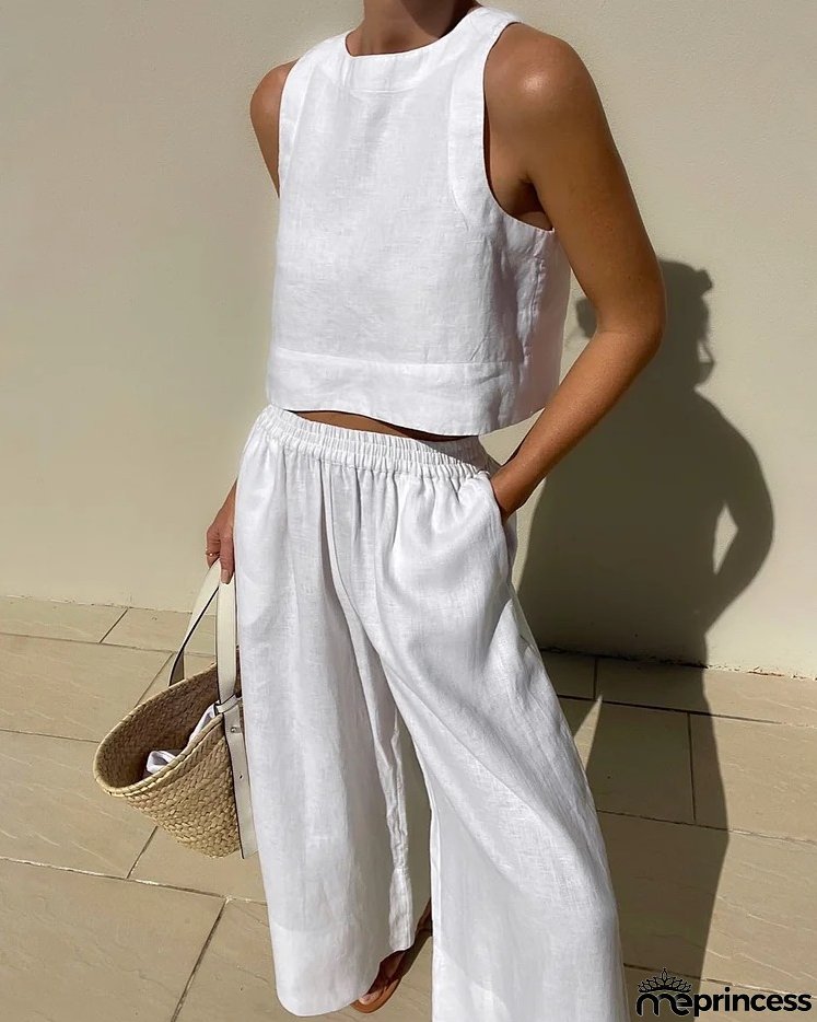 Women's Casual Set Loose Solid Color Sleeveless Shirt and Wide Leg Trousers Two-Piece Set
