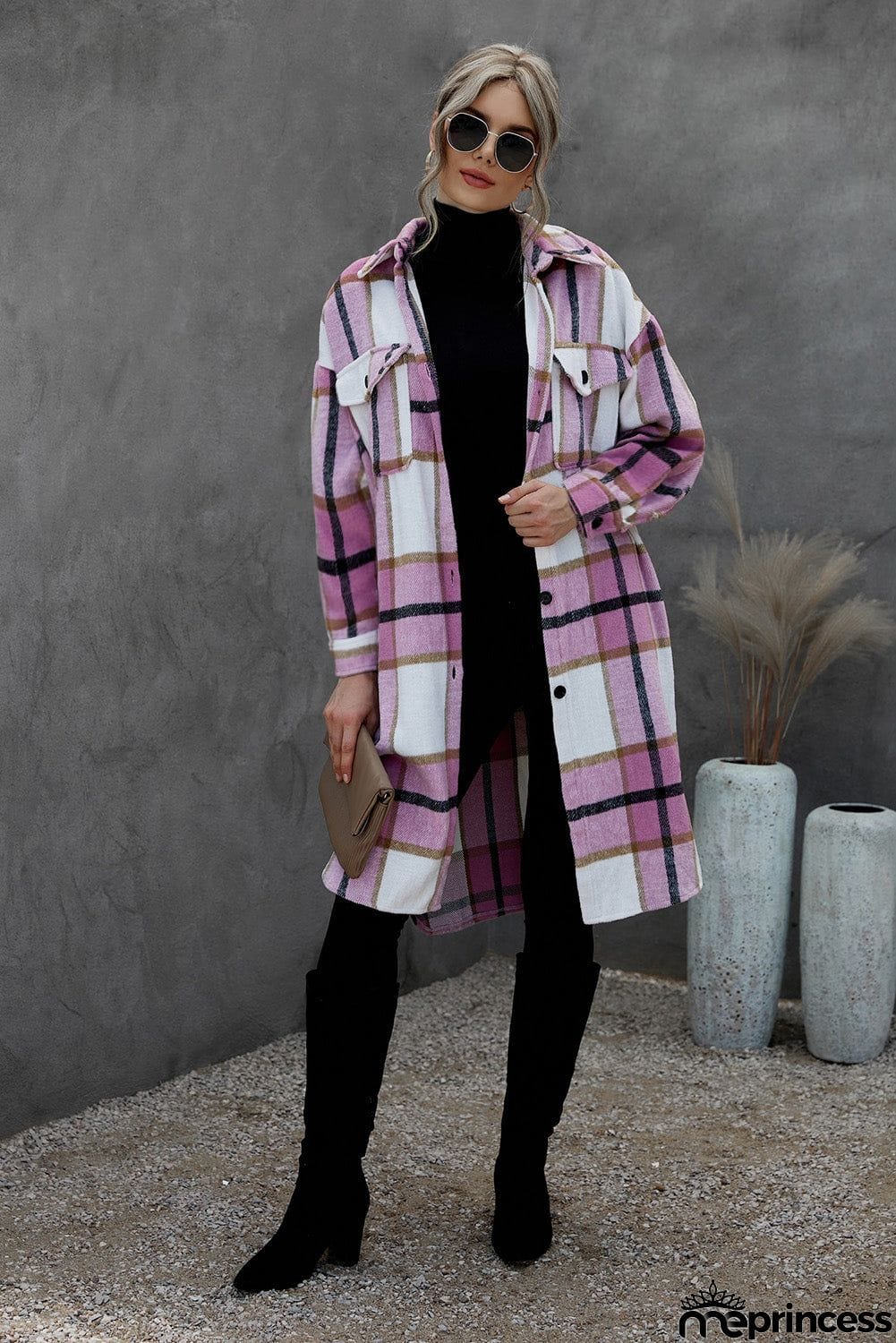 Khaki Turn-down Collar Pocket Button Plaid Coat