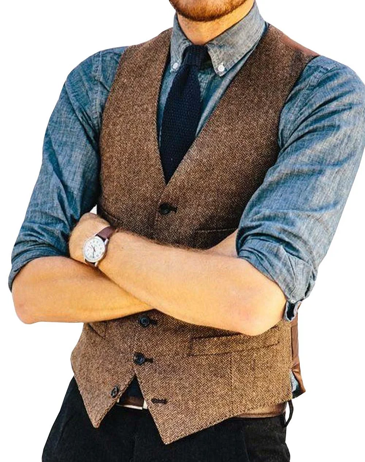 New Brown Mens Casual Suit Vests Wool Herringbone Tweed Waistcoat Slim Sleeveless Suit Jacket Groomsmen Vest For Wedding 2020