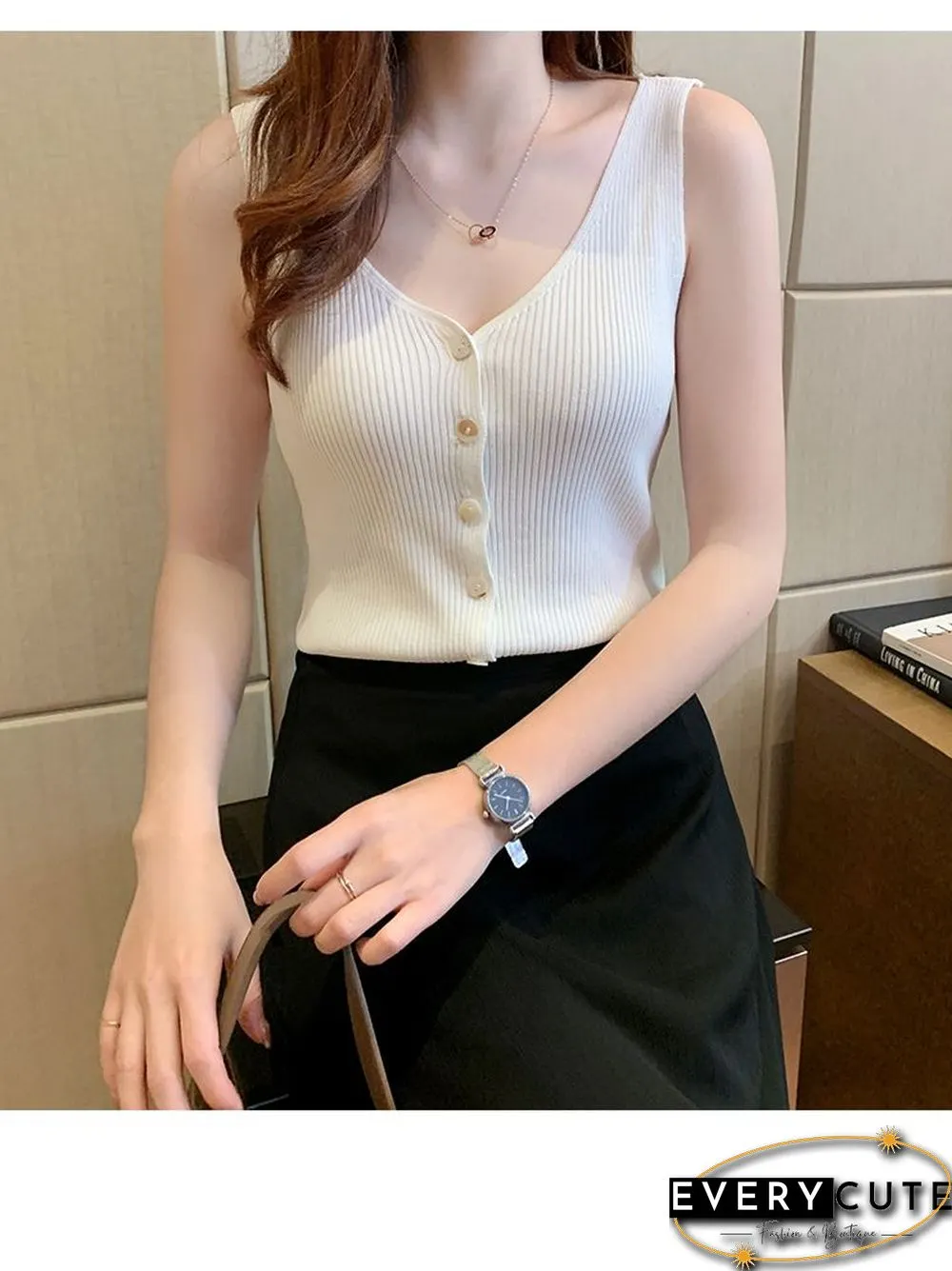 Heliar Women Summer Button Up Casual Tank Tops Plain Knitted Tops Women V-Neck Tops Summer Women Cloth
