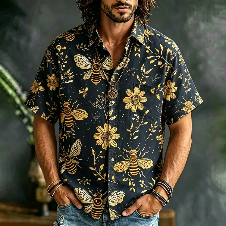 Vintage Gold Bee Sunflower Print Linen Button Up Shirt For Men, Dark Western Boho Short Sleeve Casual Shirts