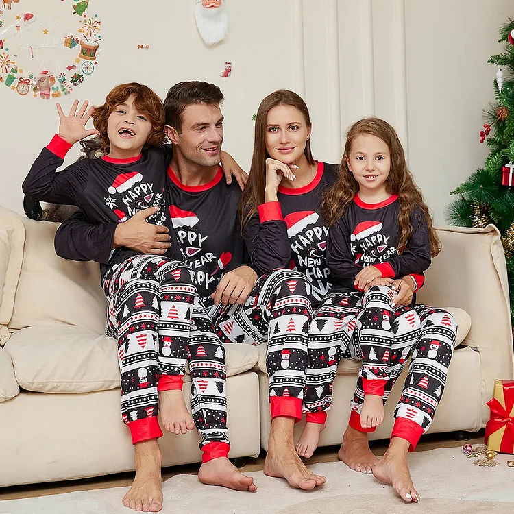 'Happy New Year' Christmas Hat Print Family Matching Pajamas Set