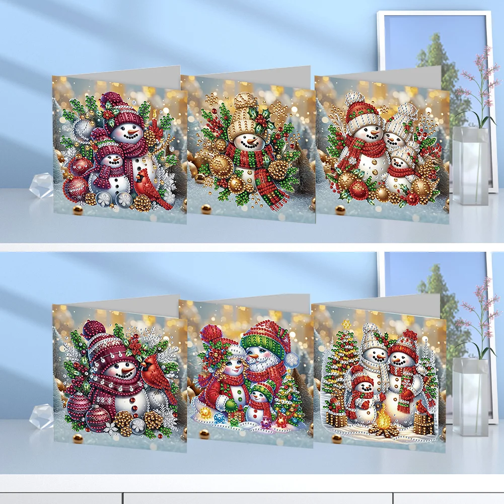 6pcs DIY Christmas Snowman DIY Diamond Painting Greeting Card for Friends Family Gift【With White Envelope】