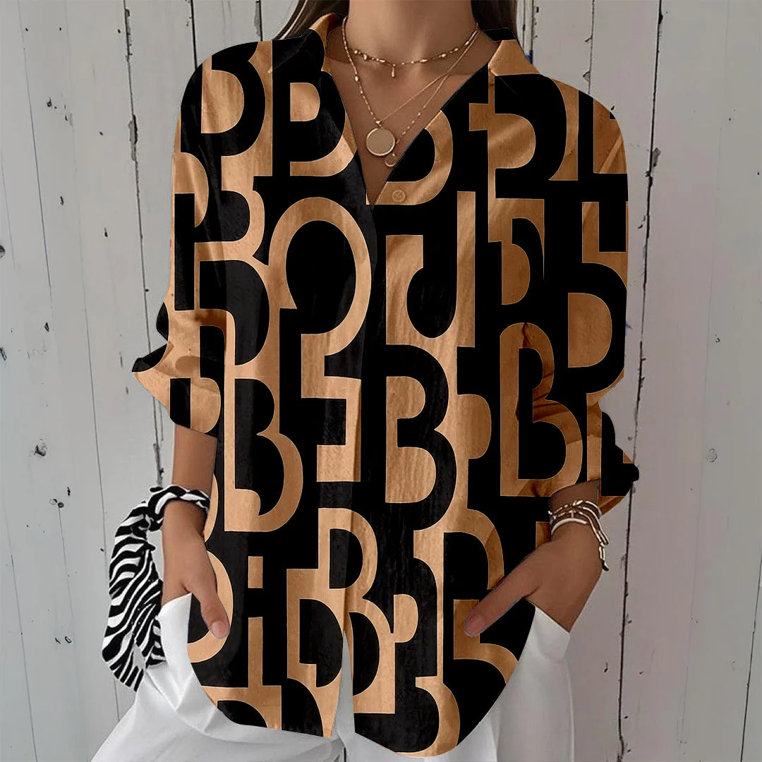 Style & Comfort for Mature Women Women Geometric, Black, Brown DZCL0373 3/4 Sleeve Shirt Collar Printed Button Tops