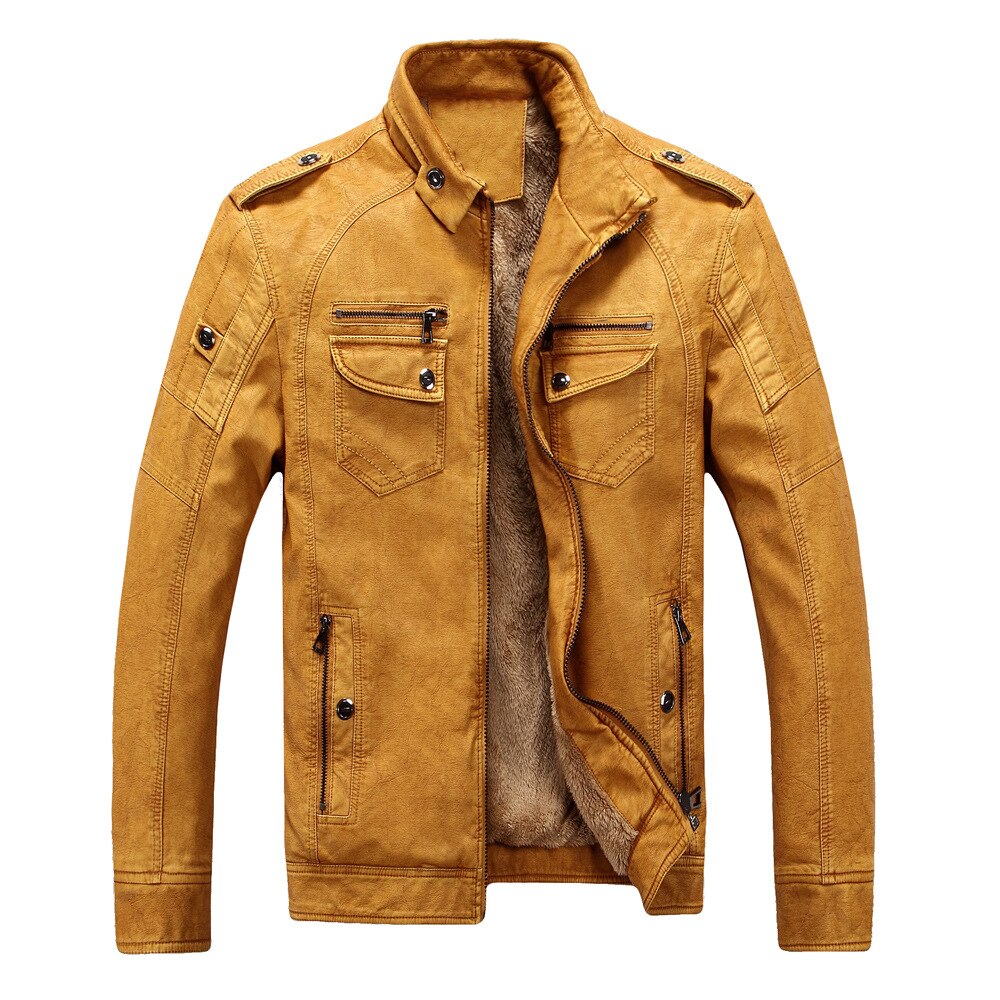 winter Mens Flight Jacket Plus Size 3XL 4XL Long Sleeve Faux Leather Loose Vintage Pu Leather Yellow Thick Warm Jacket Male Coat