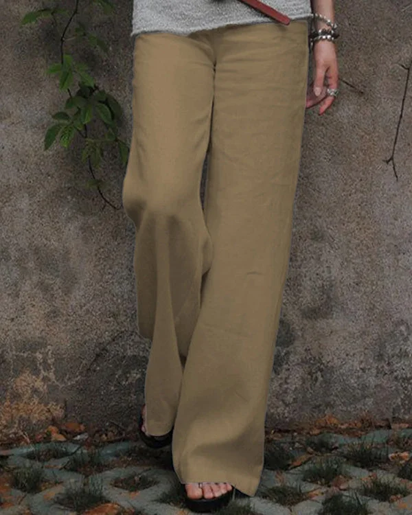 Solid Linen Cotton Wide Leg Mid Waist Pants