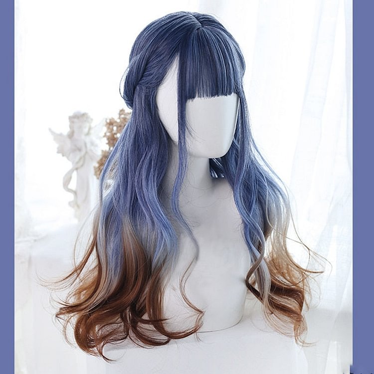 Harajuku Lolita Blue Brown Gradient Long Curly Wig SS2221