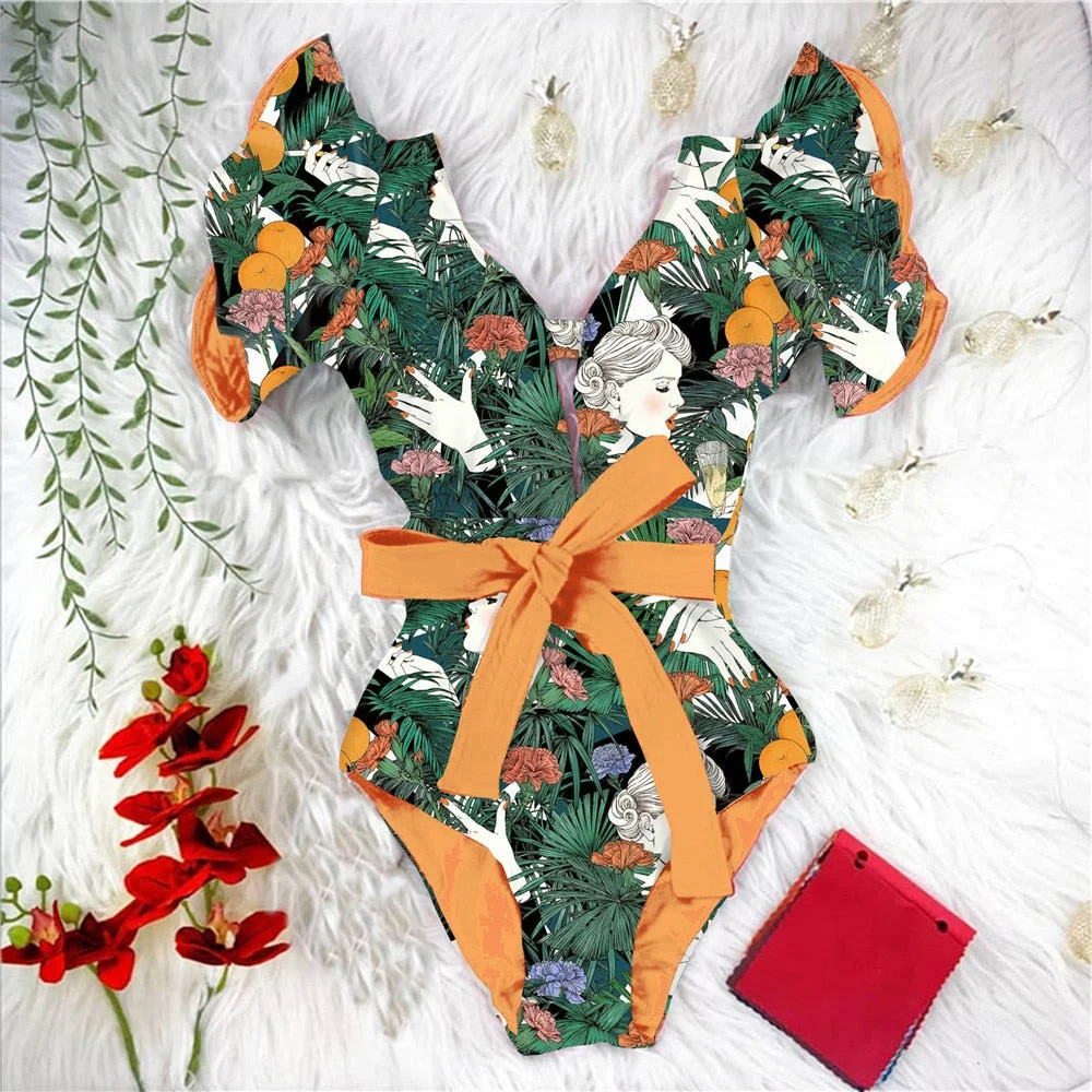 2021 New Sexy Ruffle Print Floral One Piece Strappy Slimming Swimwear Women Swimsuit Deep-V Bathing Suit Beach Wear Monkini