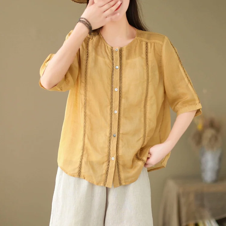 Women Summer Linen Patchwork Casual Blouse