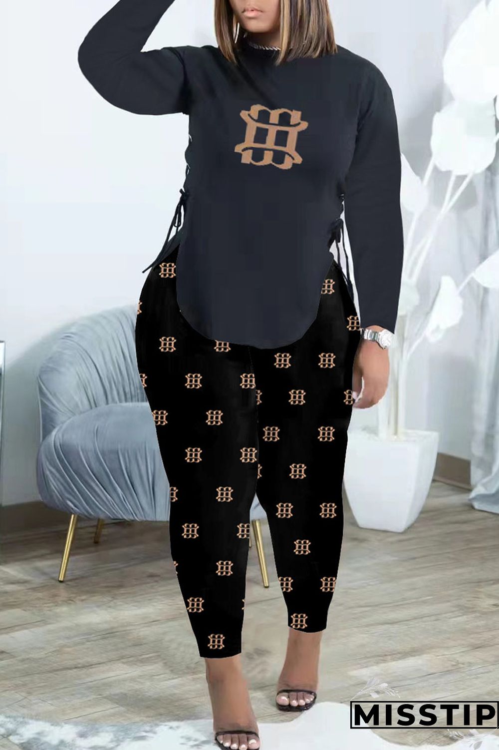 Brown Fashion Casual Print Bandage Patchwork O Neck Long Sleeve Two Pieces