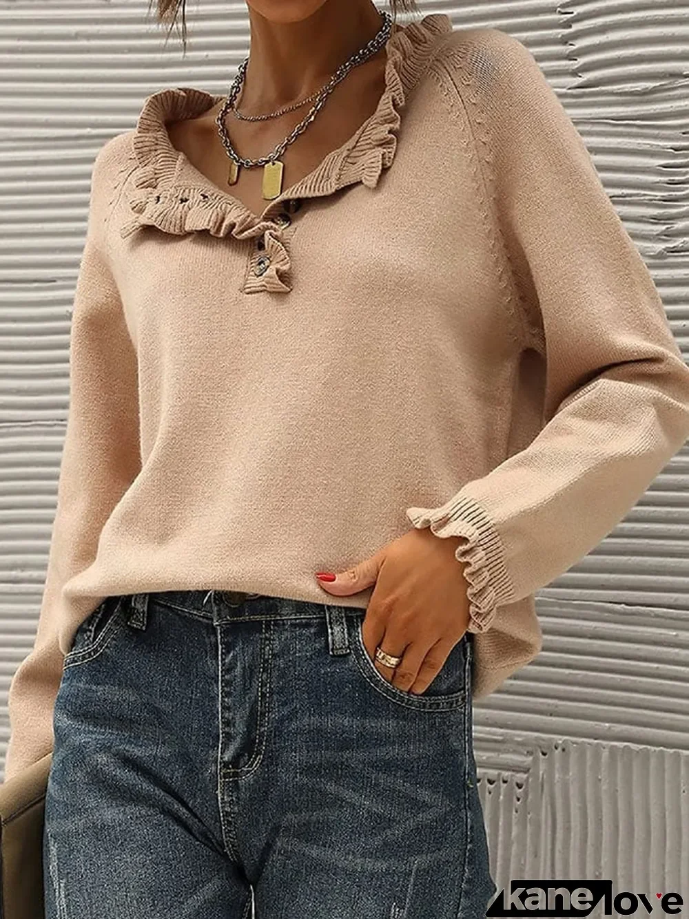 Casual Long Sleeve Button Ruffle Sweater