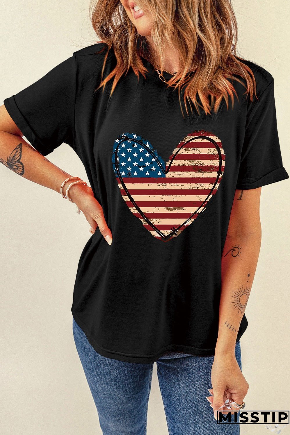Stars and Stripes Heart Round Neck Short Sleeve T-Shirt