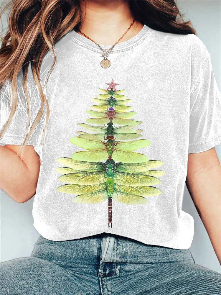Women's Casual Watercolor Dragonfly Tree Cotton Blend Print T-shirt