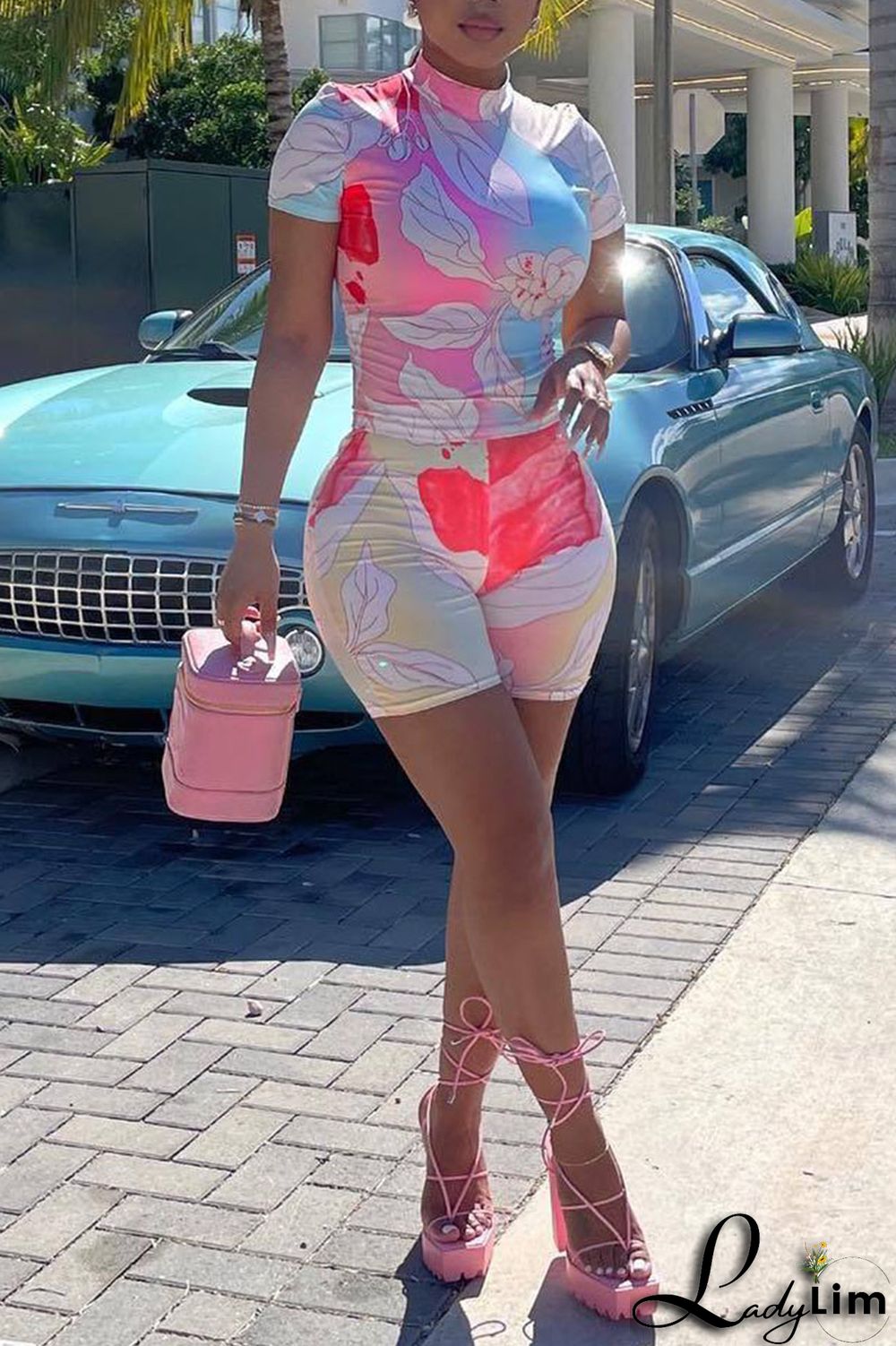 Blue Sexy Print Split Joint O Neck Short Sleeve Two Pieces