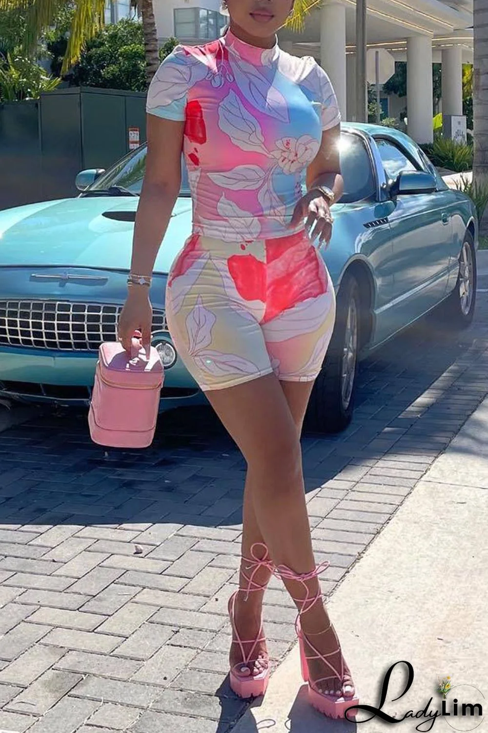 Blue Sexy Print Split Joint O Neck Short Sleeve Two Pieces