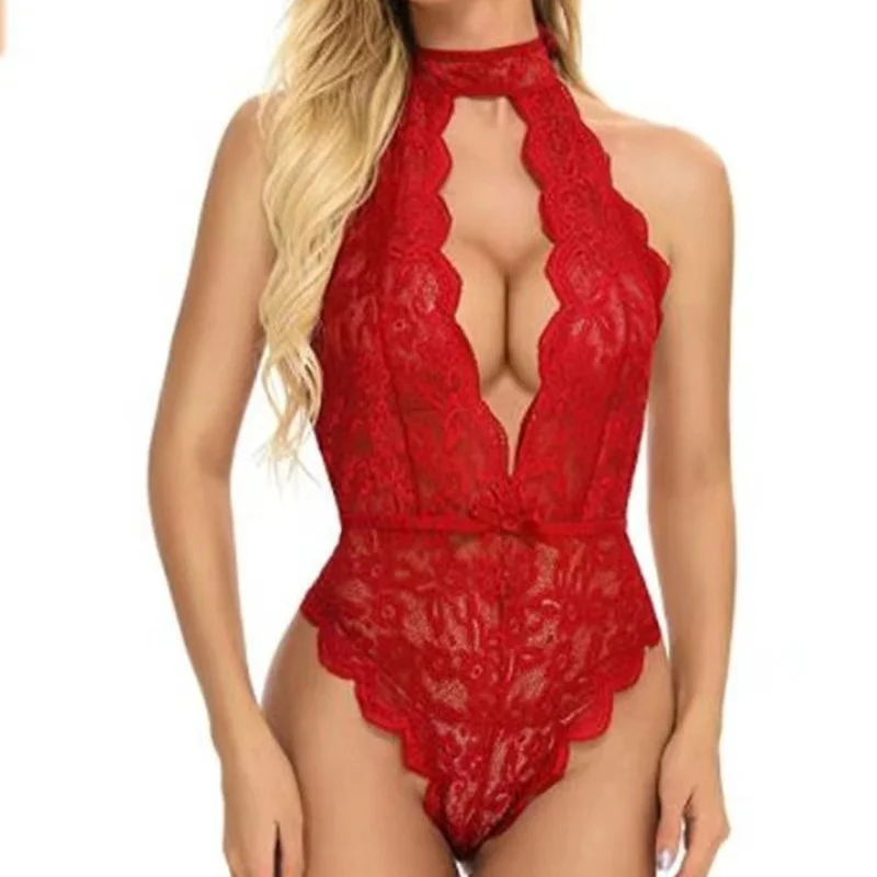 Churchf Women's Hanging Neck Tie With Sexy Bare Back Lace Conent Seduction Lingerie Suit