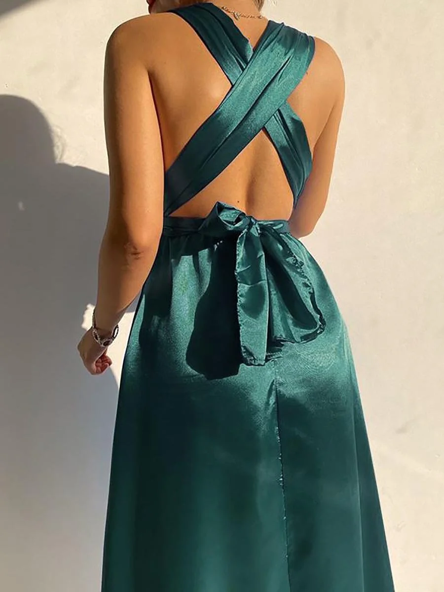 Stylish V-Neck Sleeveless Satin Midi Dress
