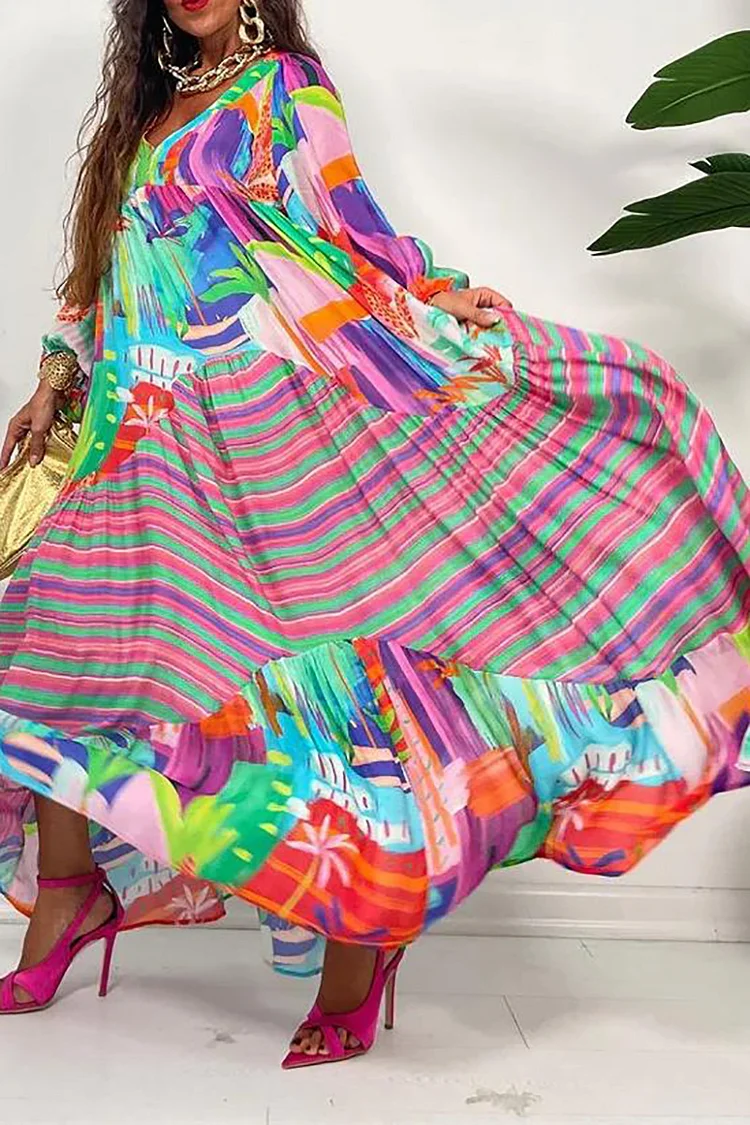 Xpluswear Plus Size Beach Boho Stripe All Over Print Swing Skirt Lantern Sleeve Maxi Dress 
