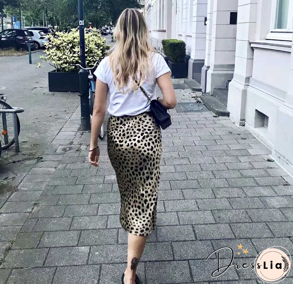 Retro Elastic Band High Waisted Leopard Print Satin Midi Skirt