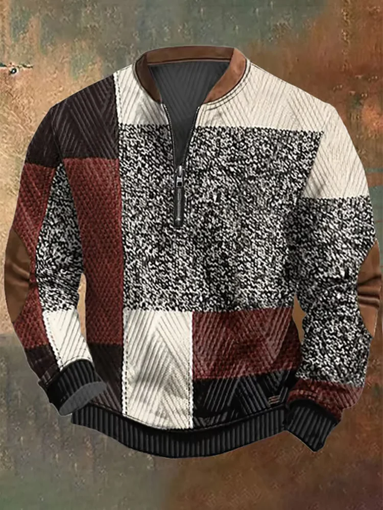 Utbros Men's Retro Western Textured Print Zip Collar Sweatshirt