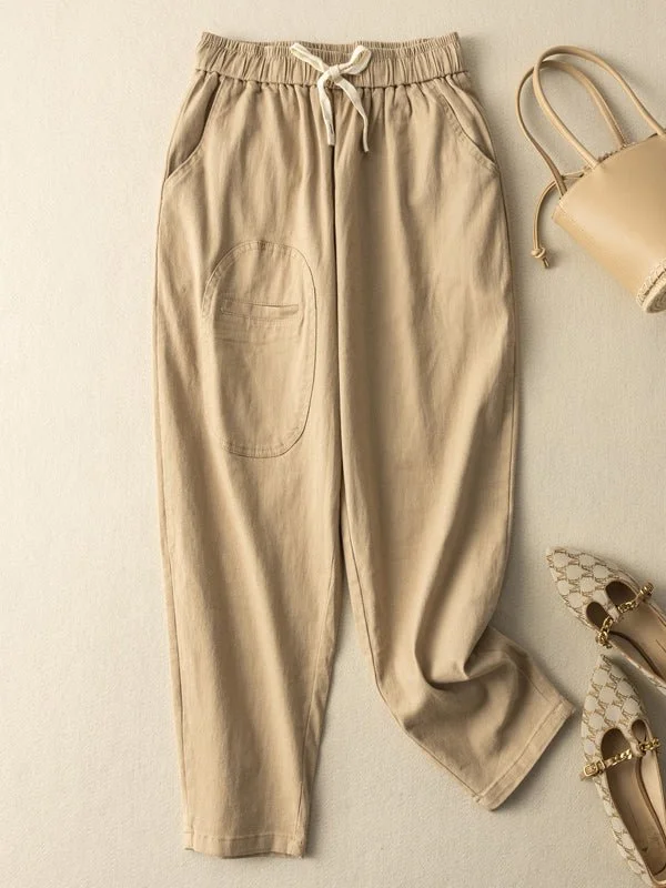 100% Natural Fabric Casual Loose Harem Pants With Pockets In Solid Color