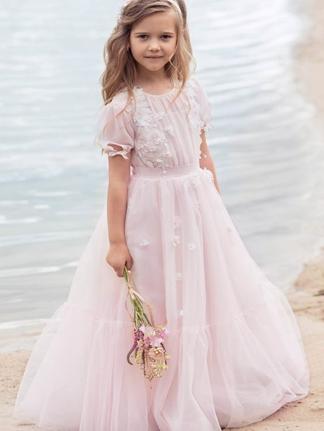 Bellasprom Half Sleeve Jewel Knee Length  A-Line Flower Girl Dress Tulle  With Appliques Bellasprom