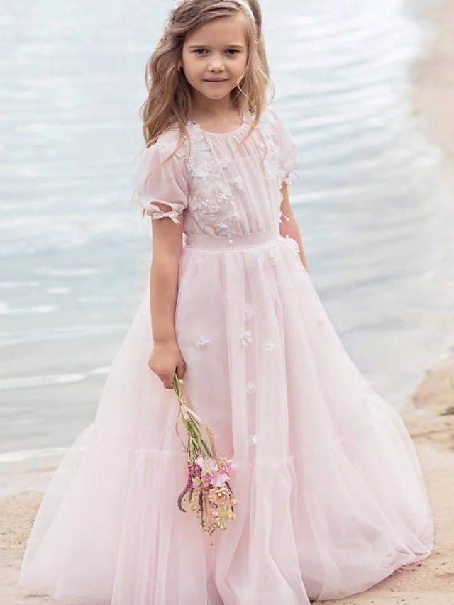 Hellodresses Half Sleeve Jewel Knee Length  A-Line Flower Girl Dress Tulle  With Appliques 