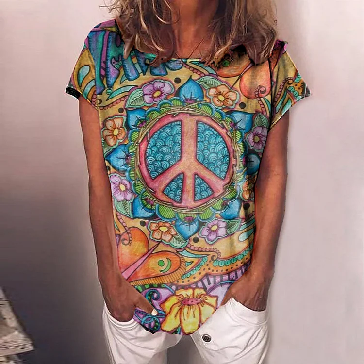 Wearshes Peace Symbol Print Short Sleeve T-Shirt