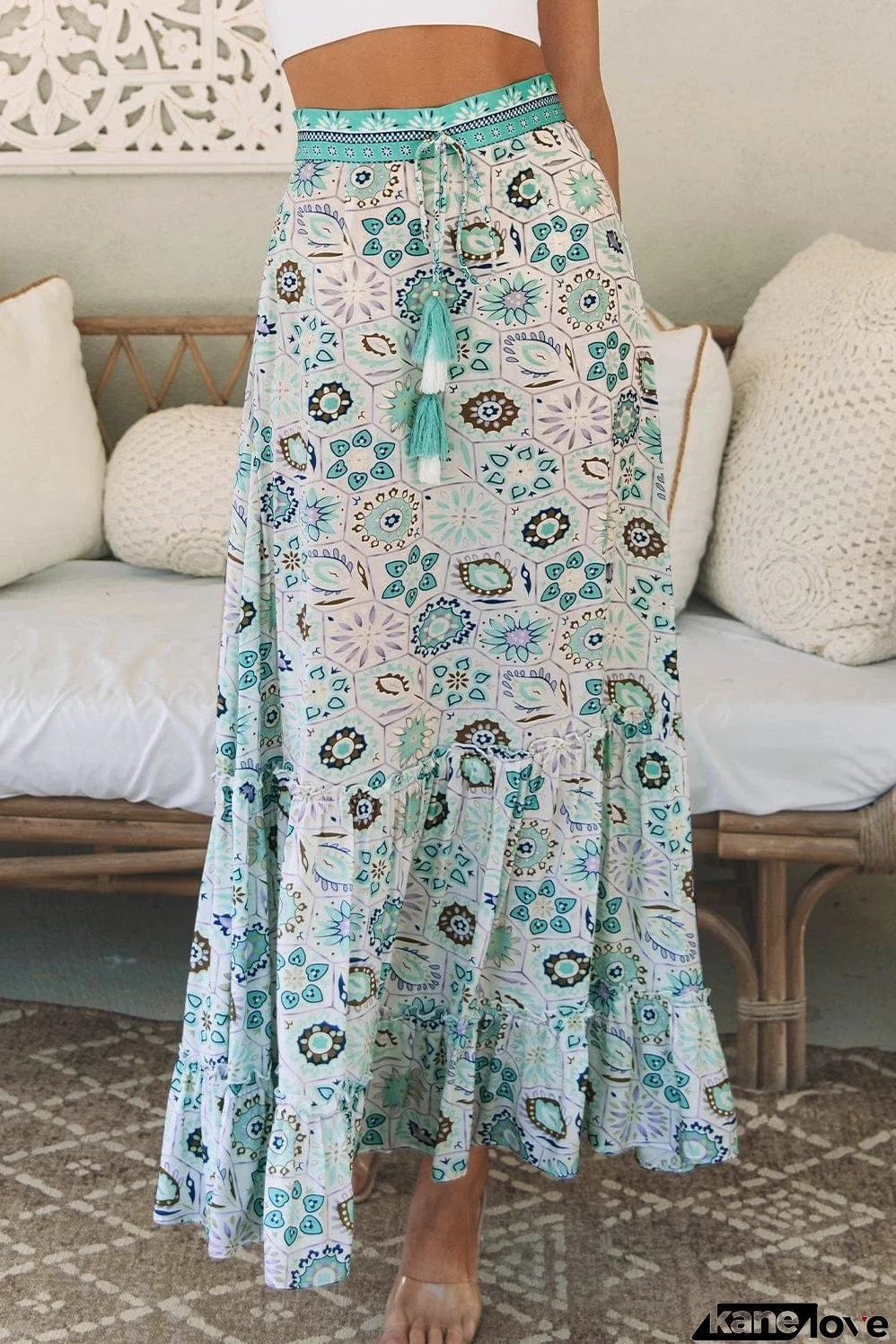 Bohemian Sky Blue Floral Maxi Skirt with Ruffled Tiers