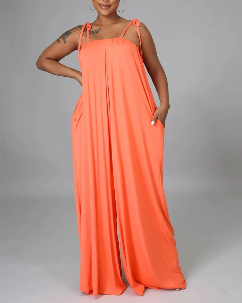 Solid Color Sleeveless Pocket Self Tie Wide Leg Jumpsuit