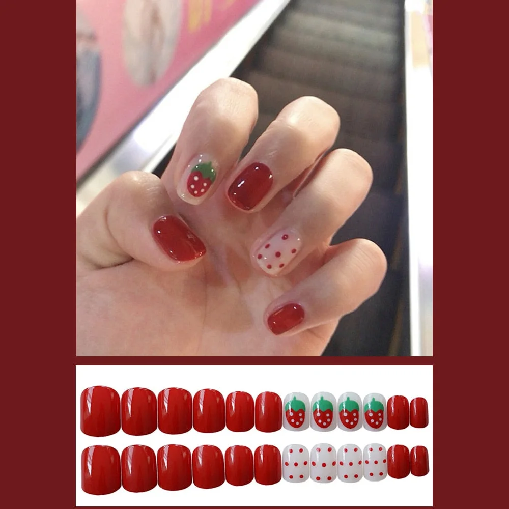 24pcs Red Matte Glitter Pink False Nail 2020 Design Short Fake Nail Wine Red Frosted Press On Nails Love Pattern Nail Art Beauty