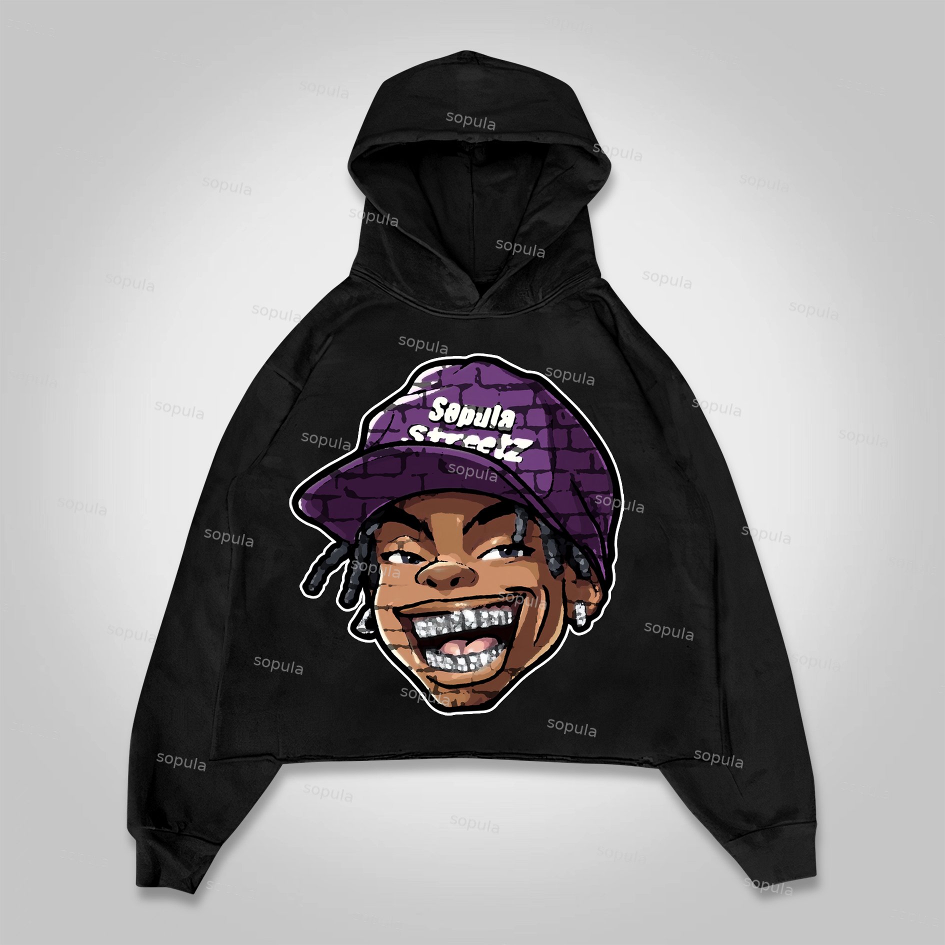 Sopula Street Trend Cartoon Graffiti Big Head Graphic Cropped Hoodie - SOPULA