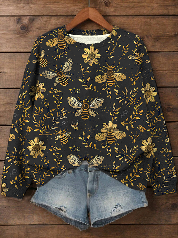 Women's Vintage Floral Plant Bee Print Cozy Sweatshirt