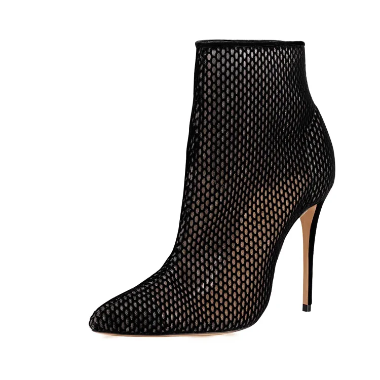 Black Nets Pointed Toe Stiletto Boots Ankle Boots |FSJ Shoes
