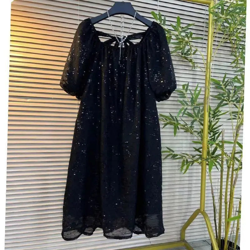 Women Plus Size L-4XL Sequin Black Chiffon Dress Puff Short Sleeve Square Collar Knee Dresses Female 2023 Summer New Clothing LANFUBEISI