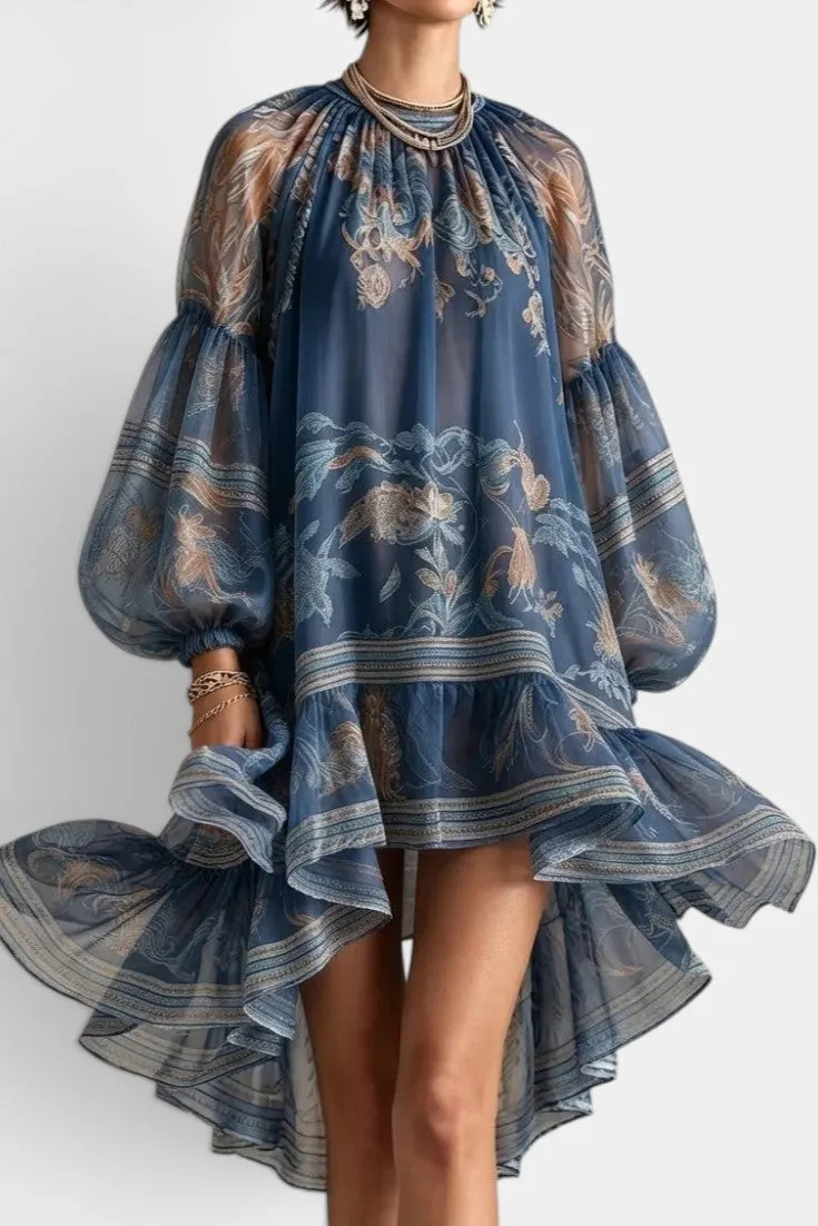 Asymmetric Chiffon Dress with Balloon Sleeves & Layered Ruffles