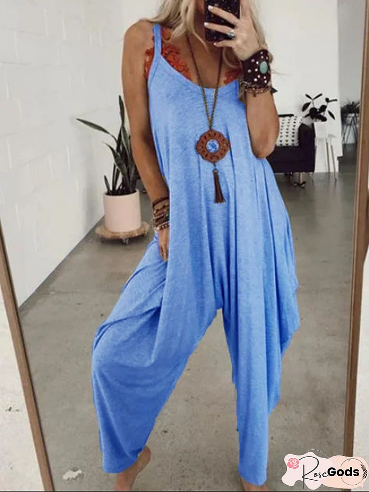 Gray Sleeveless Solid Round Neck Casual Jumpsuits
