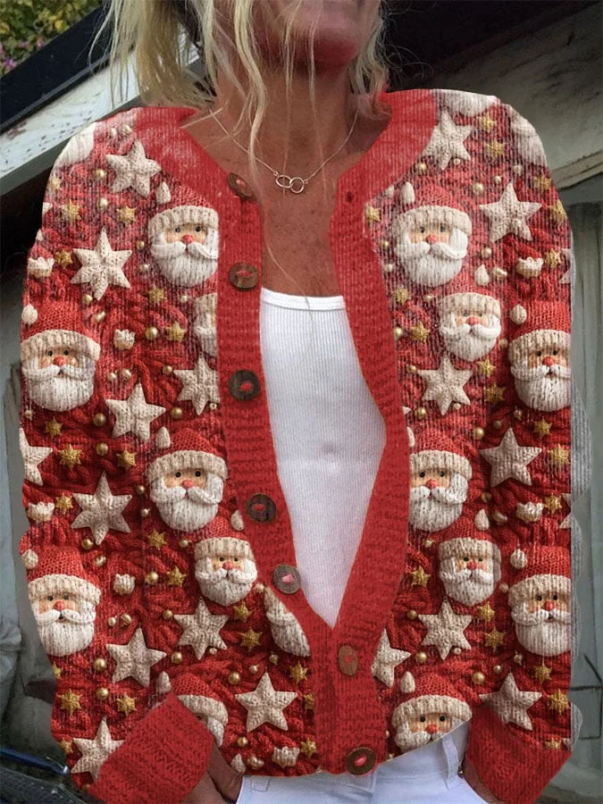 Women's Christmas Santa Print Knit Cardigan