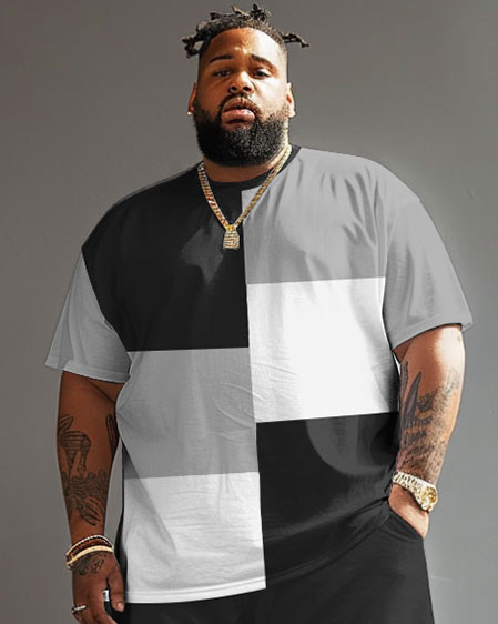 Street Casual Black And White Gray Color Block Print Large Men's Set T-Shirt-Grey-4XL