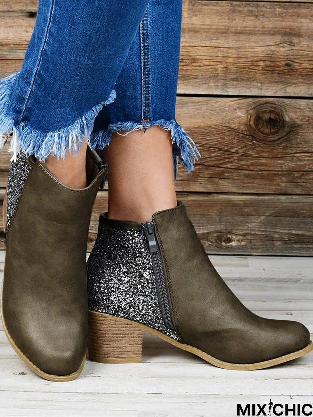 Sequin Stitching Zipper Chunky Heel Booties