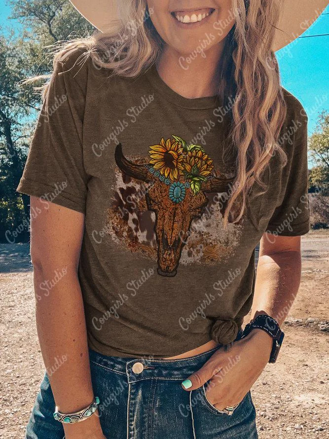 Crew Neck cow head sunflower print cotton T-shirt