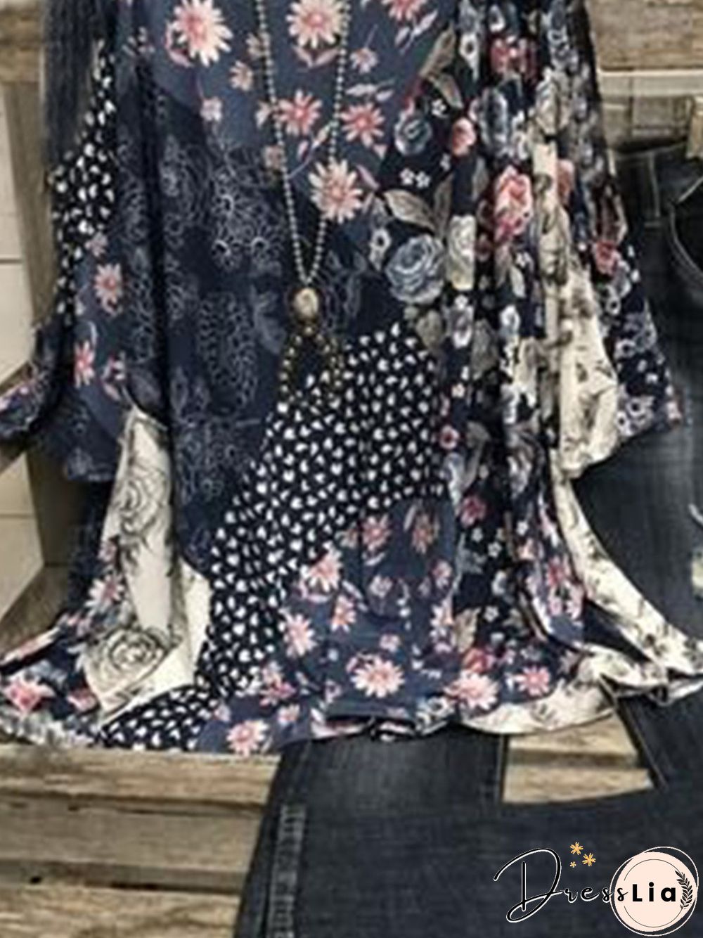 Vintage Flower Color-block Plus Size Long Sleeve Crew Neck Casual Tops