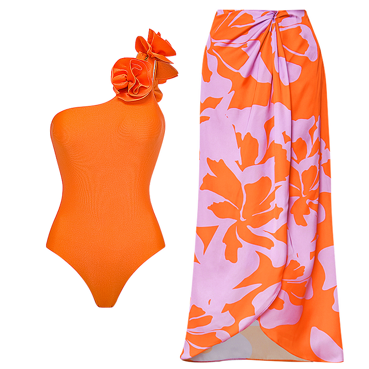 3D Flowers One Shoulder One Piece Swimsuit and Skirt 