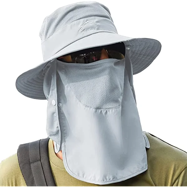 UPF 50+ Sun Fishing Hat for Men Women Wide Brim Hat with Detachable Face Cover & Neck Flap Khaki