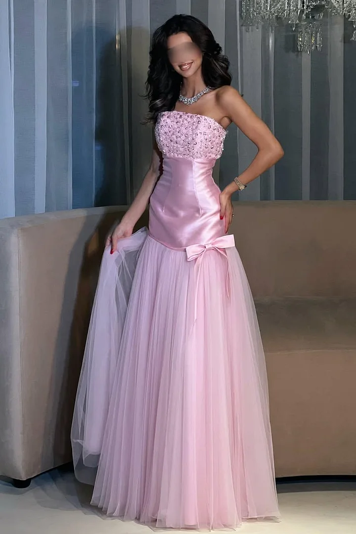 Lussooy Charming Candy Pink Tulle Sleeveless Stain Long Prom Dress with Beadings 